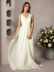 Cream A-Line Pleated Chiffon Dress