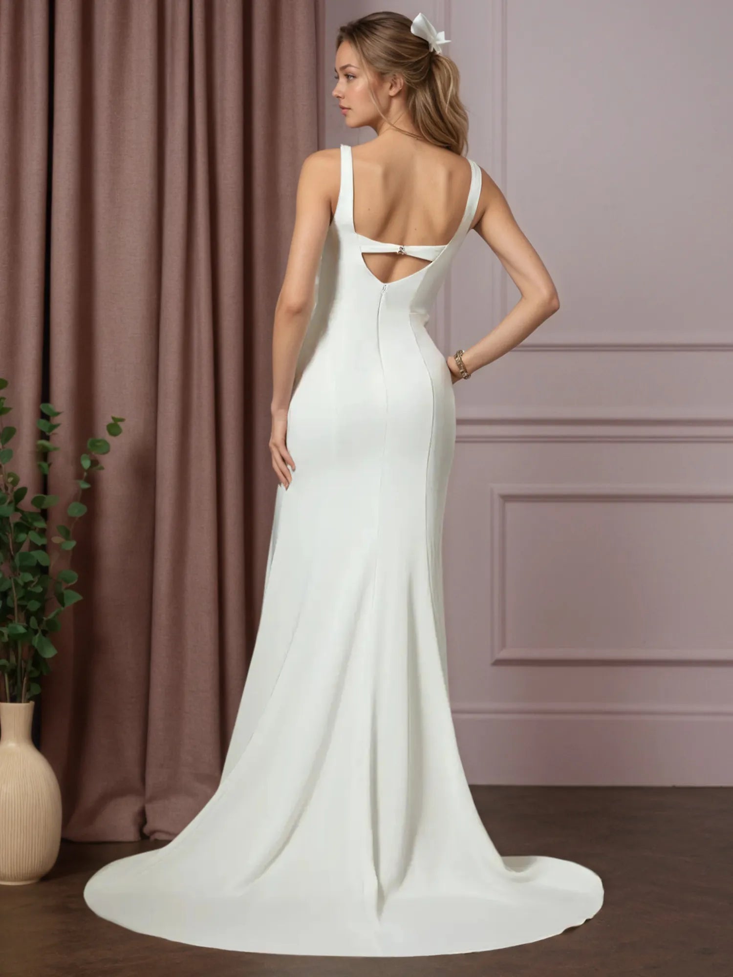 White Mermaid Pleated Crepe Back Satin Wedding Dress