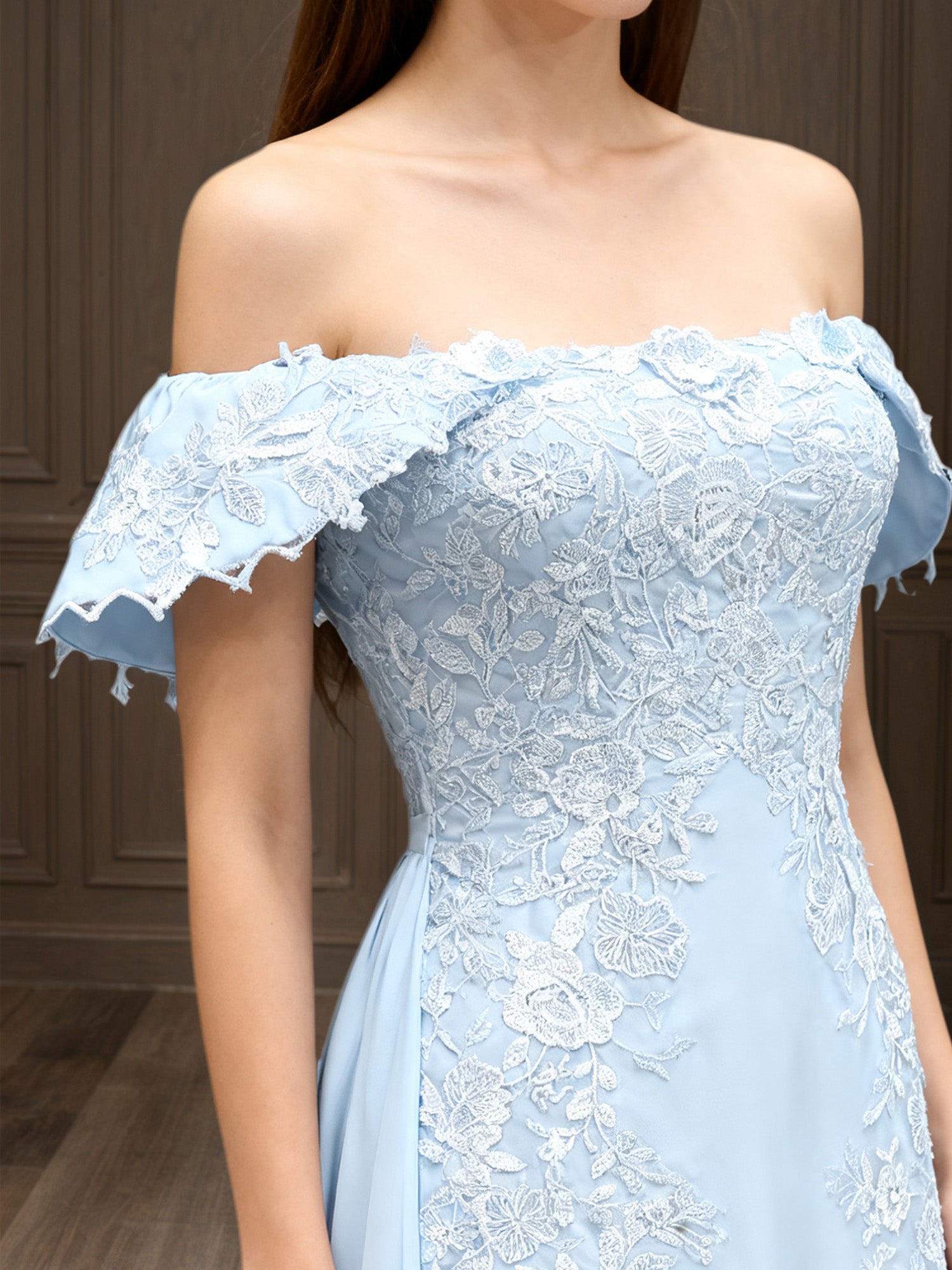 Elegant Off the Shoulder Chiffon Sheath Long Mother of the Bride with Lace Appliques
