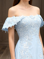 Elegant Off the Shoulder Chiffon Sheath Long Mother of the Bride with Lace Appliques