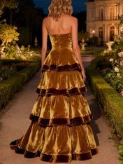 Brown Tiered Strapless A-Line Long Velvet Holiday Party Dress with Ruffles