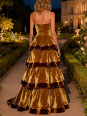Brown Tiered Strapless A-Line Long Velvet Holiday Party Dress with Ruffles