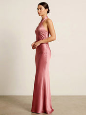 Halter Neck Satin Maxi Dresses Mermaid Backless Formal Dress