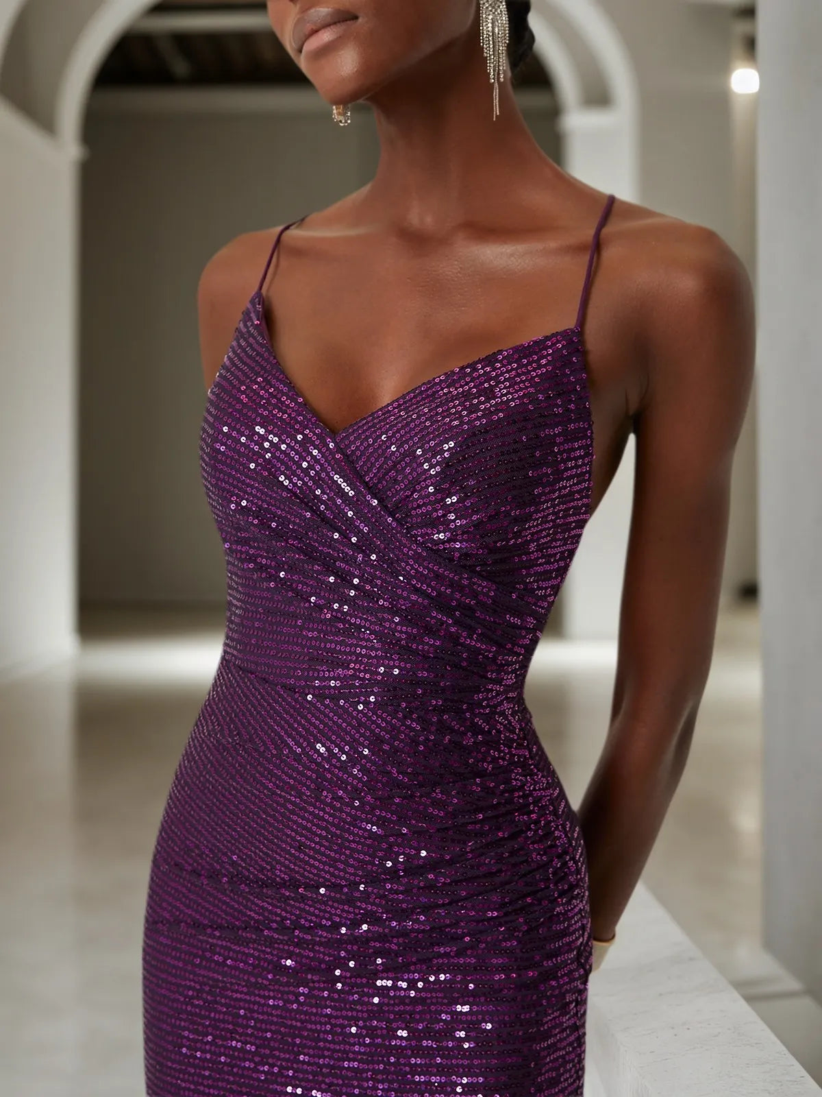 Purple Ruched Slit Sequin Spaghetti Gallus Sheath Gown Dress