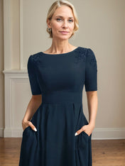 A-line Scoop Tea-Length Chiffon Mother of the Bride Dress With Appliques Lace Sequins