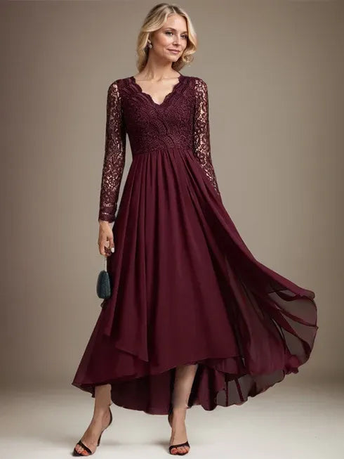 Robe de mère de la mariée asymétrique en mousseline de soie et dentelle, coupe trapèze et col en V 