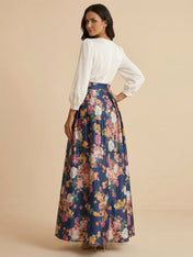 White A-Line Long Sleeves Satin Two-piece Print Floral Mother of the Brides dress