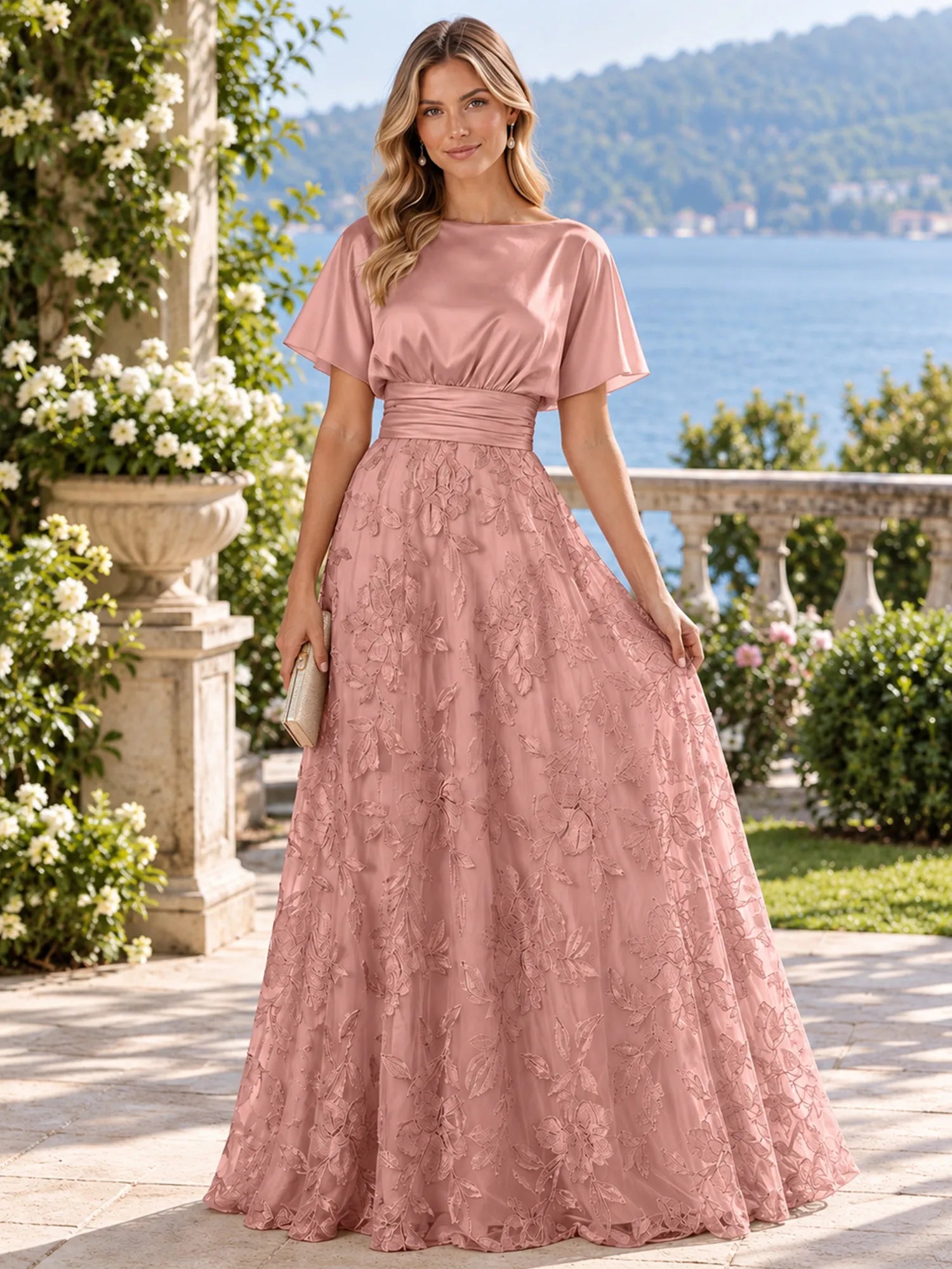 Bateau Neck Butterfly Sleeve Lace Embroidered A-Line Mother of The Bride Dresses