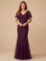 Trumpet/Mermaid V Neck Floor-Length Mother of the Bride Dress With Cascading Ruffles