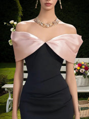 Cocktail Party Dress Pink Off Shoulder Colorblock Knee-Length Dress