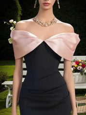 Cocktail Party Dress Pink Off Shoulder Colorblock Knee-Length Dress