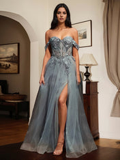 Silver A Line Off the Shoulder Long Appliqued Prom Dress With Slit