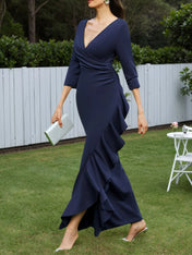 Mother of the Bride Dress Navy V Neck 3/4 Sleeve Ruffle Maxi Dress