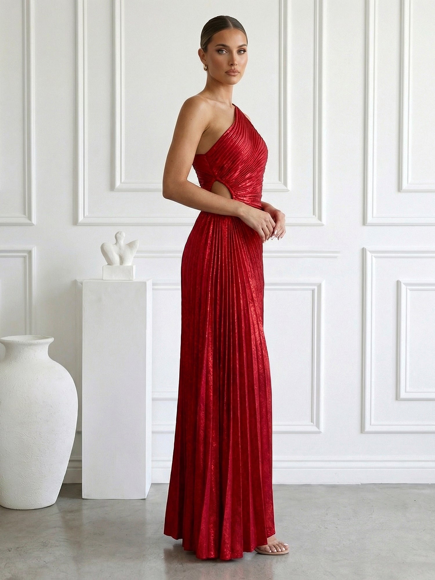 Burgundy One Shoulder Mermaid Maxi Dress Prom Dress with Pleat