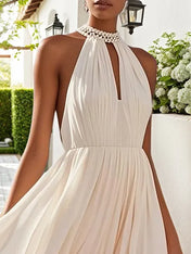 Pink Chiffon Halter Ombre Pearl Cut Out Sleeveless A-Line Mock Neck Maxi Dress