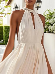 Pink Chiffon Halter Ombre Pearl Cut Out Sleeveless A-Line Mock Neck Maxi Dress