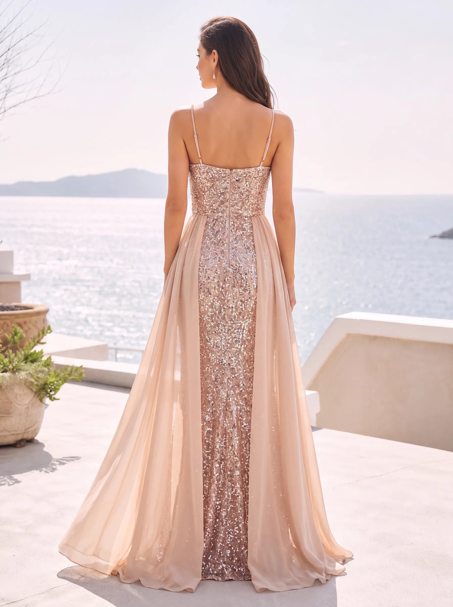 Spaghetti Strap Ruched Sequin Mermaid Evening Gown with Chiffon Overskirt