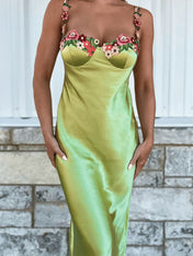 Sage Green Satin Slip Prom Dress with Floral Embroidery