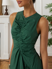 Green Shirred Cotton Crew Neck Sleeveless A-Line Midi Dress