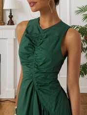 Green Shirred Cotton Crew Neck Sleeveless A-Line Midi Dress