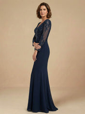 Long Sleeves V Neck Mermaid Sparky Sequins Mother of the Brides Dress for Women