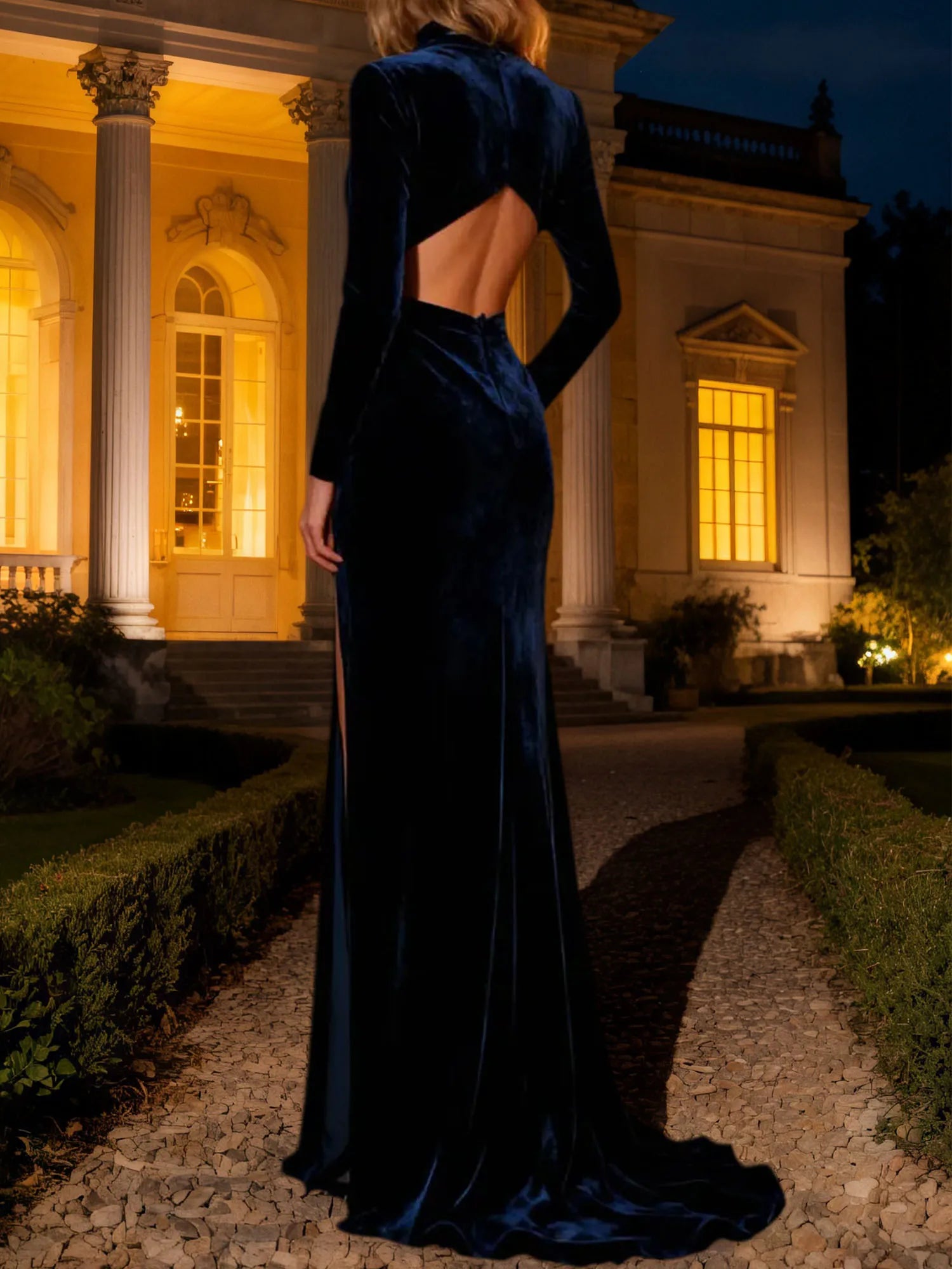 Navy Mermaid Velvet Long Holiday Party Dress with Slit