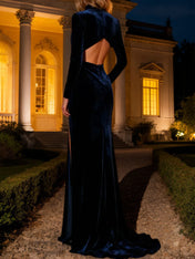 Navy Mermaid Velvet Long Holiday Party Dress with Slit
