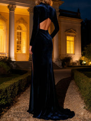 Navy Mermaid Velvet Long Holiday Party Dress with Slit