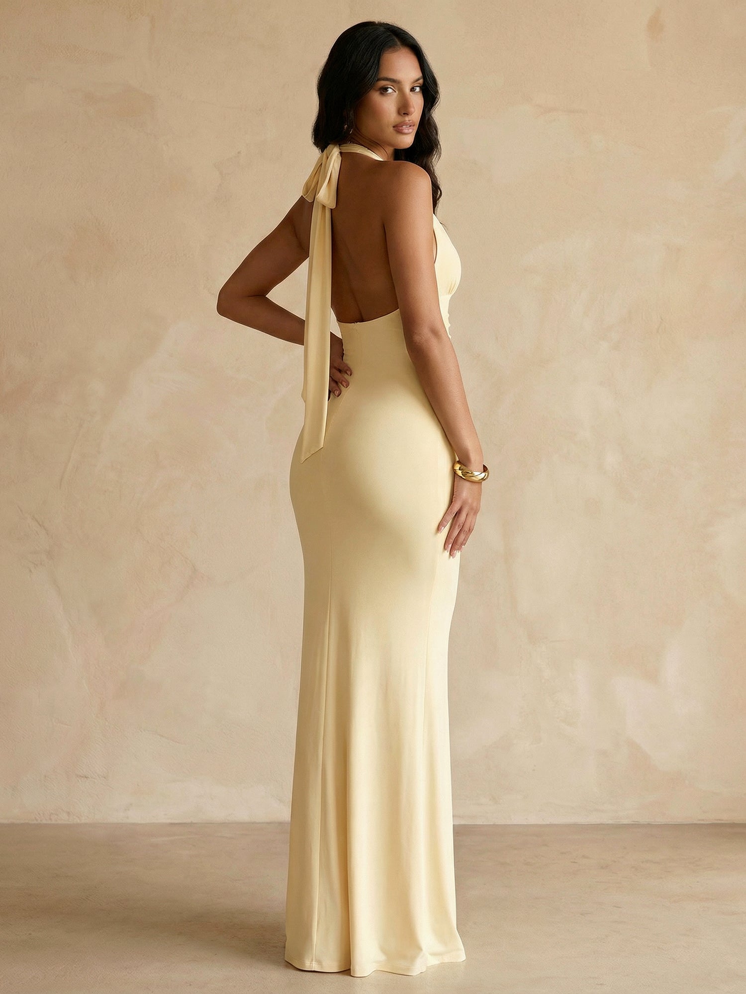 Yellow Halter Neck Maxi Dresses with Pleat Mermaid Evening Dress