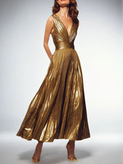 A-Line Metallic Pleated V-Neck Formal Dress