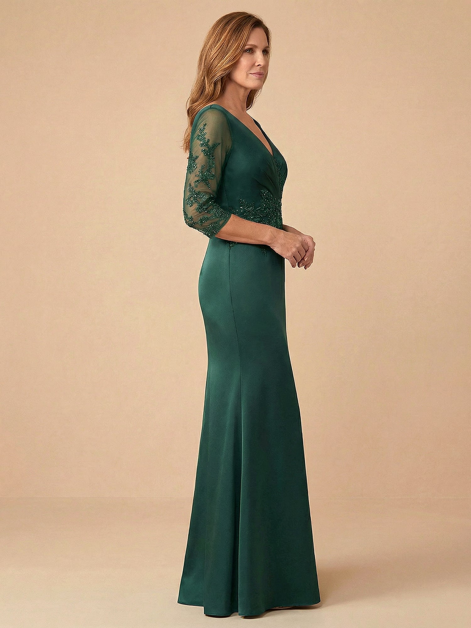 Half Sleeves Lace Applique Mermaid Satin Mother of the Bride Dress for Women