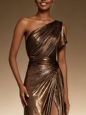 Brown Metallic One Shoulder Mermaid Long Formal Dress with Slit