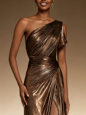 Brown Metallic One Shoulder Mermaid Long Formal Dress with Slit