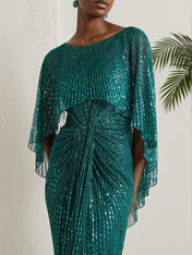 Green Sequin Dolman Sleeve Sheath Maxi Dress