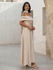 Champagne Off the Shoulder Satin Evening Dress with Scarf