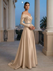 Formal Evening Dress Champagne Long Sleeves Maxi Dress with Belt
