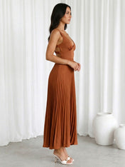 Orange V Neck Regular Straps A Line Maxi Dress with Pleat