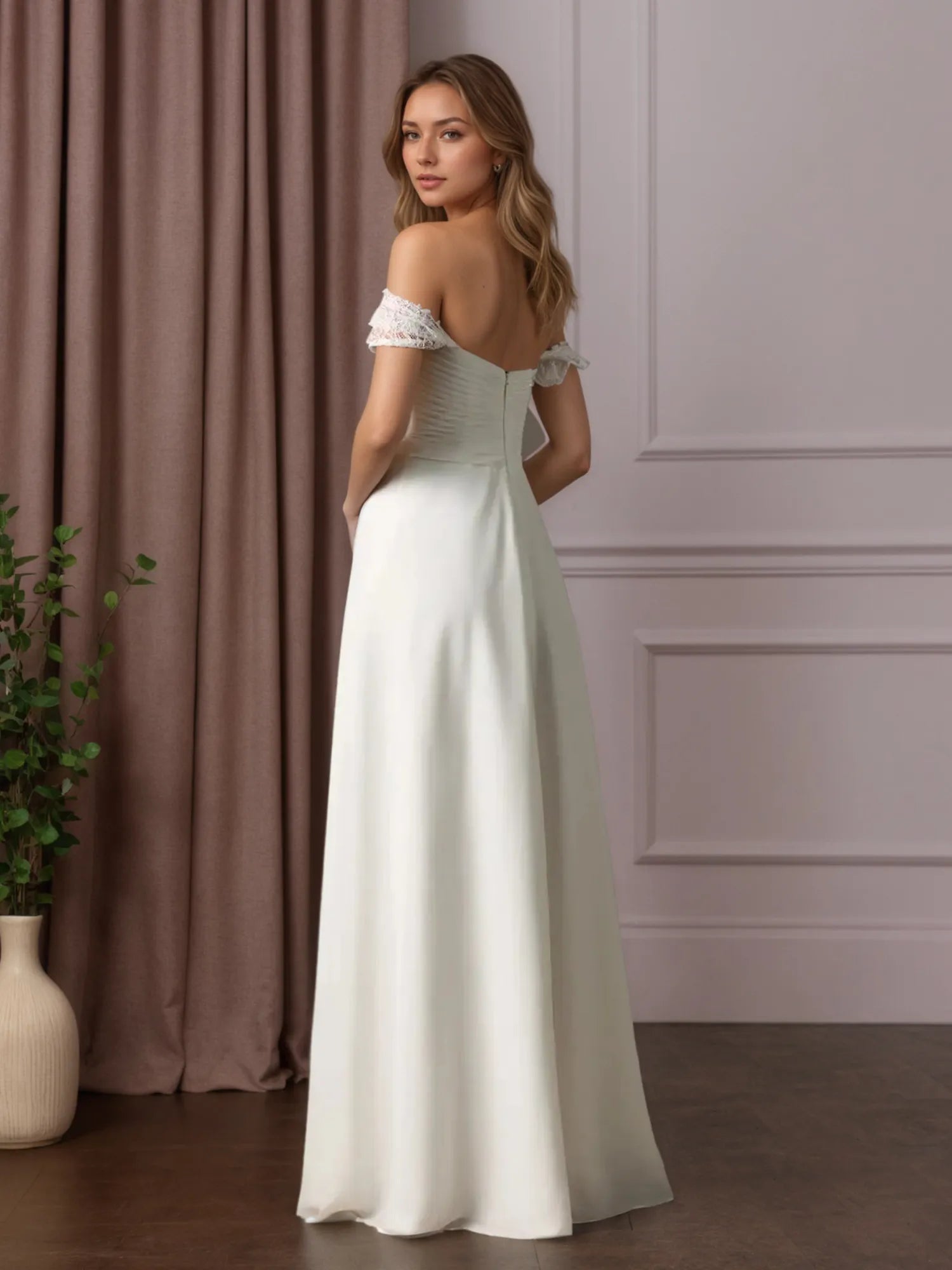 White A-Line Off the Shoulder Chiffon Wedding Dress