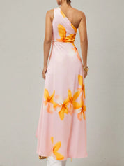 Orange Pink Floral One Shoulder Slit A Line Gown