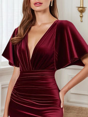 Formal Velvet Dress Burgundy V Neck Maxi Mother of the Bride Dress