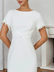 White Imitation Pearls Knot Front Classic Boat Neck Short Sleeve Sheath Midi Dress