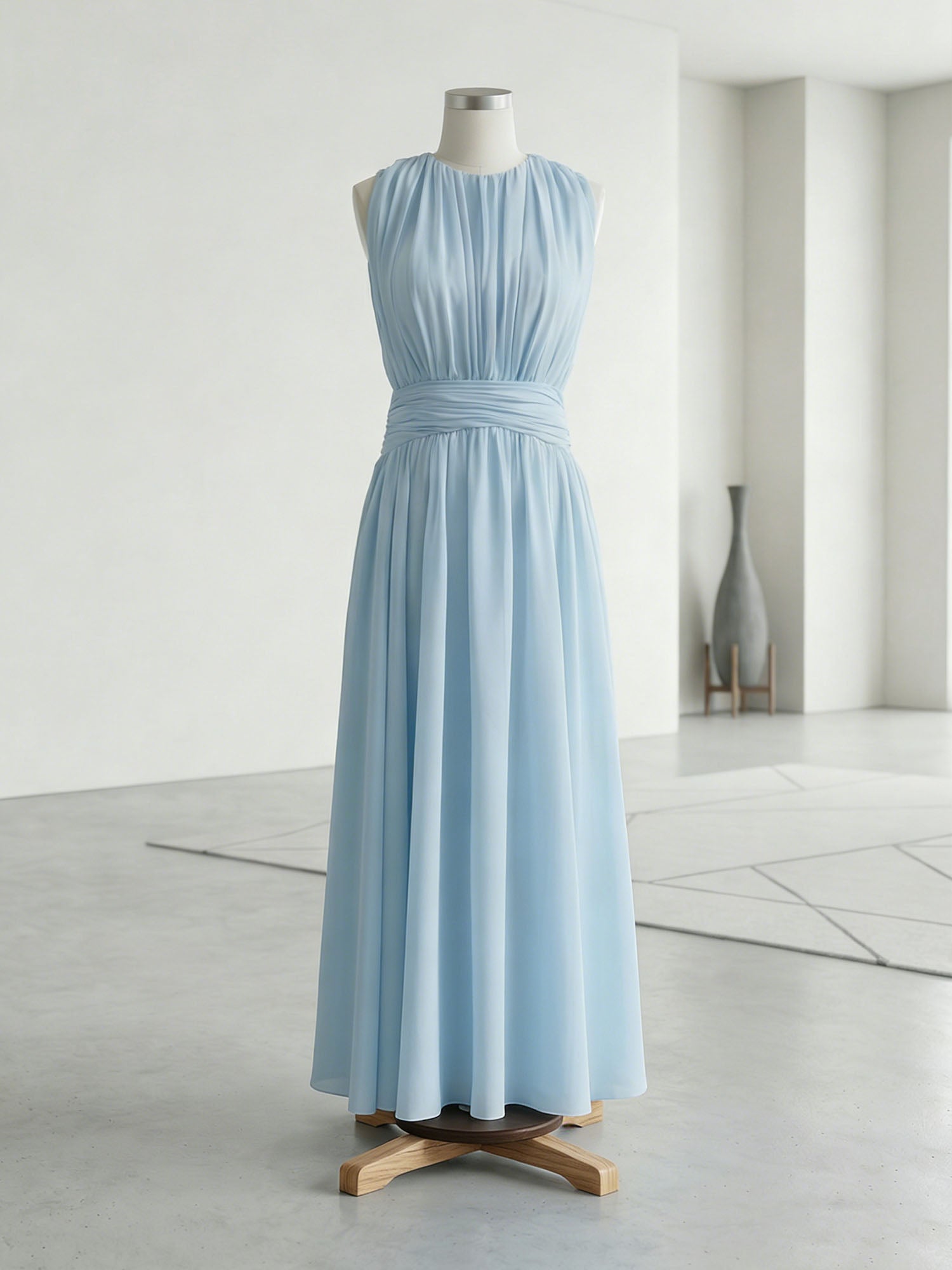 Ethereal Formal Evening Dress Ice Blue Pleated Chiffon Maxi Gown