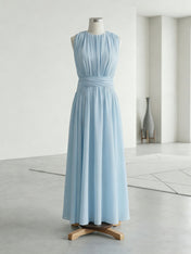 Ethereal Formal Evening Dress Ice Blue Pleated Chiffon Maxi Gown