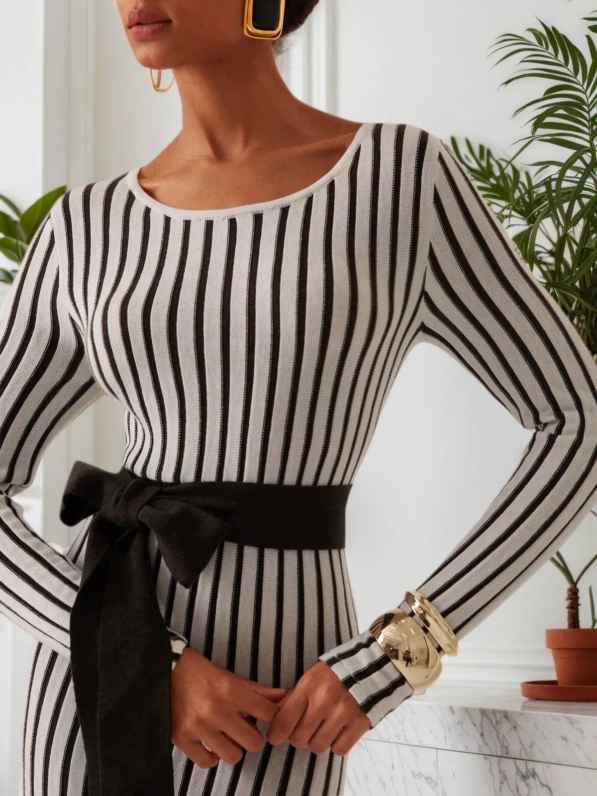 White Striped Sheath/Column Maxi Wool Sweater Dress With Belt