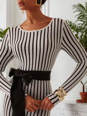 White Striped Sheath/Column Maxi Wool Sweater Dress With Belt
