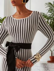 White Striped Sheath/Column Maxi Wool Sweater Dress With Belt