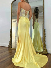 Red Mermaid Strapless Corset Beaded Prom Dress with Slit