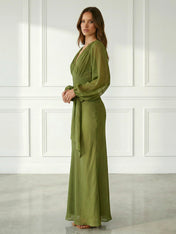 Green Long Sleeves Mermaid Chiffon Maxi Dress with Belt