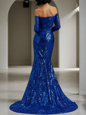 Royal Blue Sequin Dress Off The Shoulder Long Sleeve Mermaid Gown