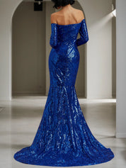 Royal Blue Sequin Dress Off The Shoulder Long Sleeve Mermaid Gown